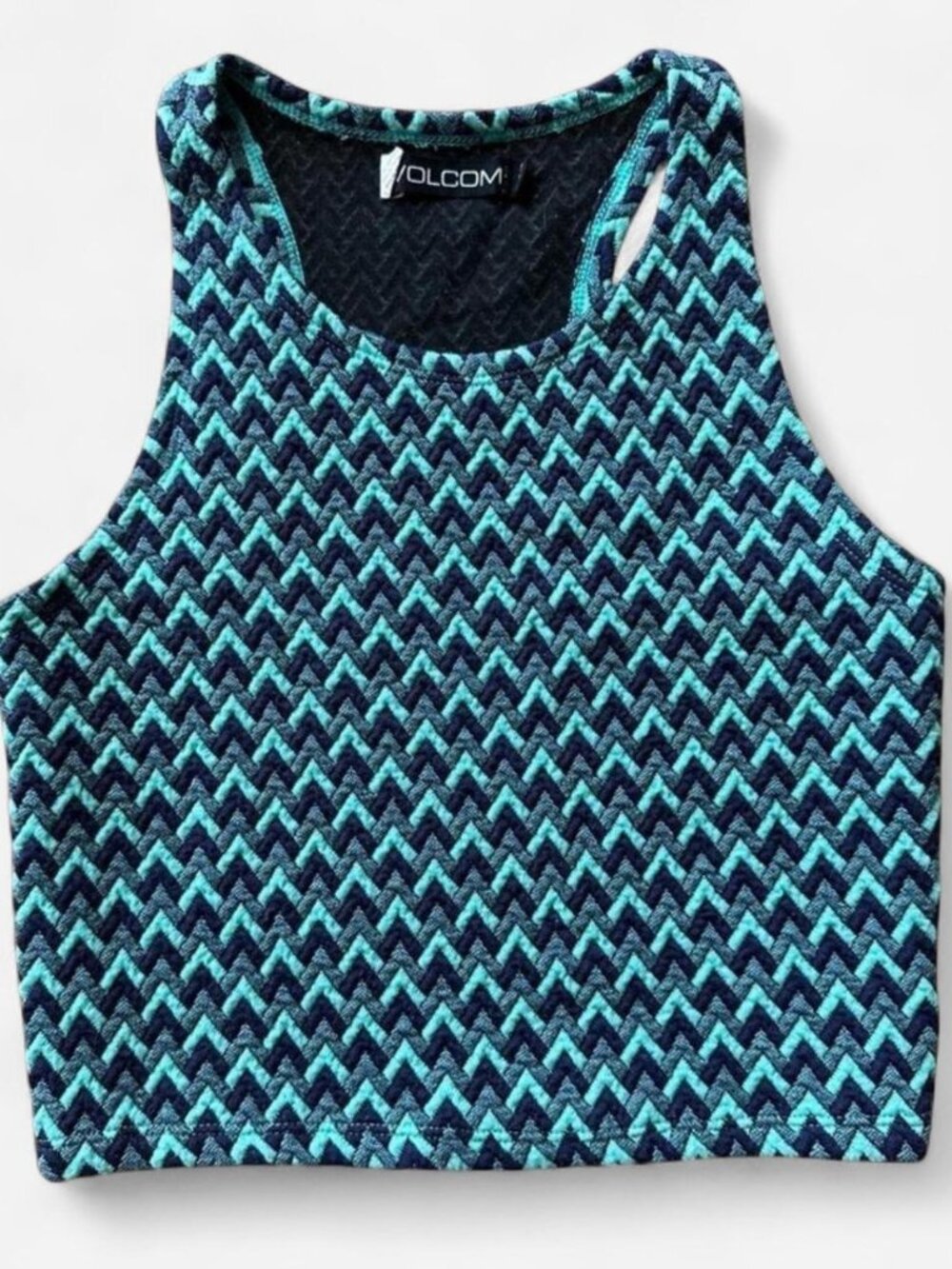 Volocom Blue Navy & Turquoise Angular Pattern Cropped Tank Top sporty Crop Top